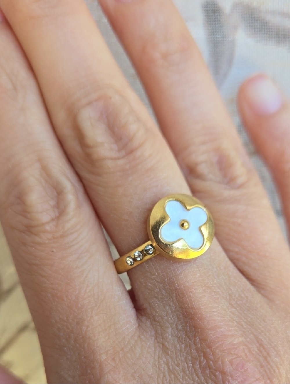 Gold-Tone Mother Of Pearl Clover Ring with Crystal Accents